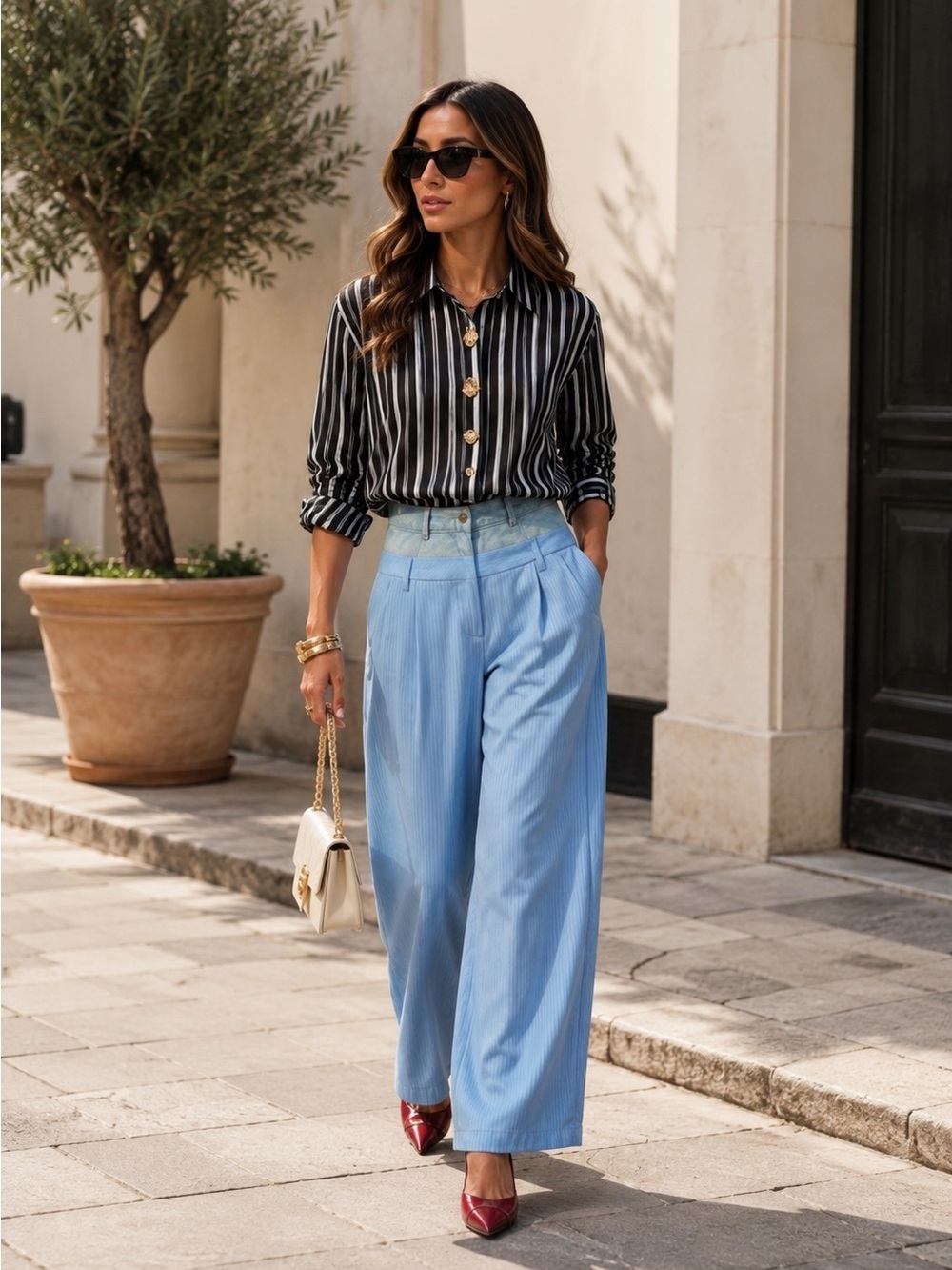Wide Leg High-Waist Pants in Light Blue